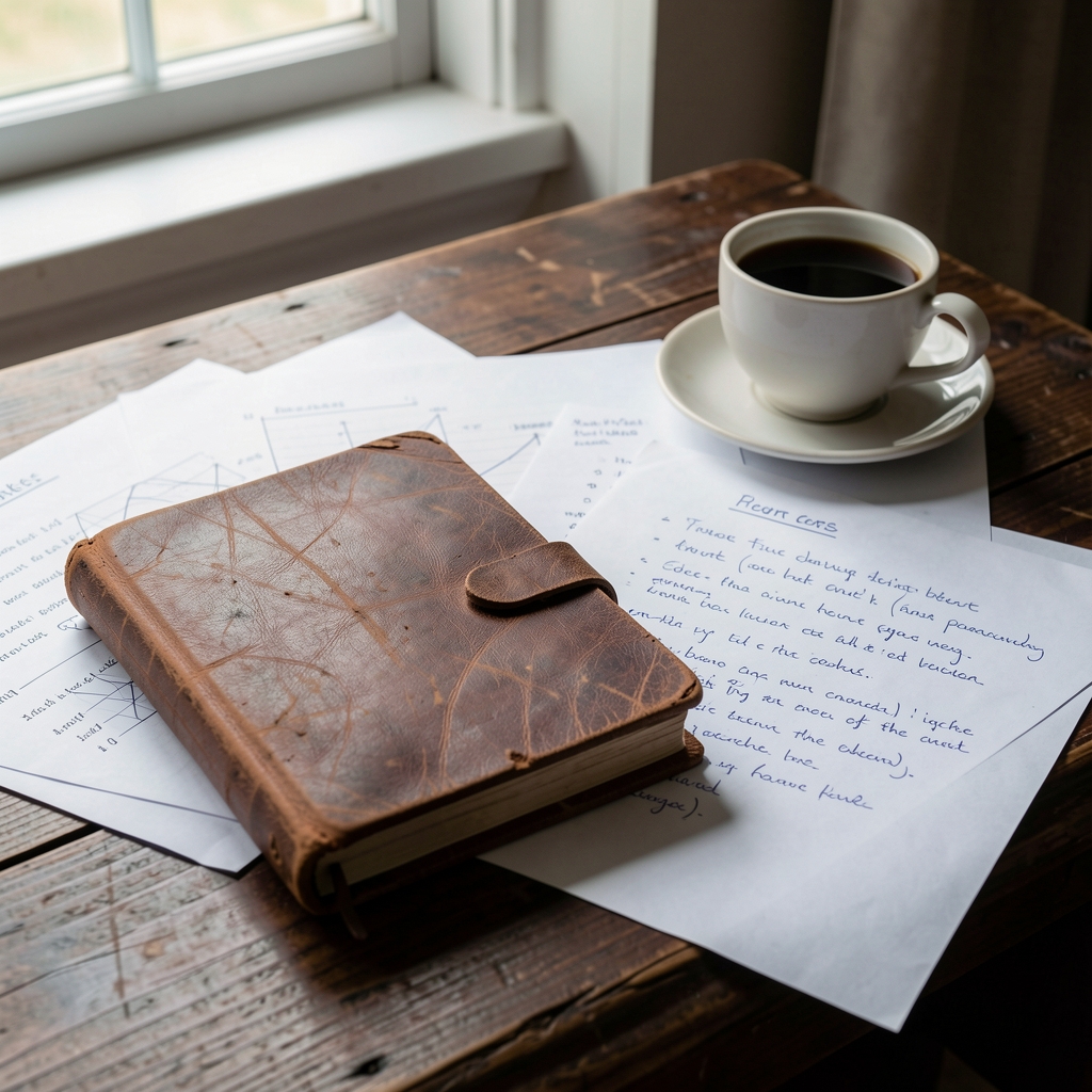 Indonesian man in his forties reviewing wellness notes at a clean wooden desk with natural morning light filtering through bamboo blinds