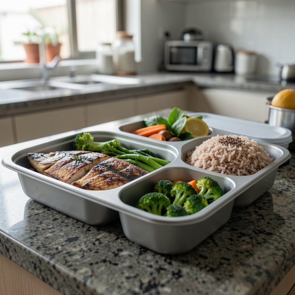 Close-up of a meal prep arrangement with grilled fish, steamed vegetables, and brown rice in compartmented containers on a kitchen counter in Jakarta