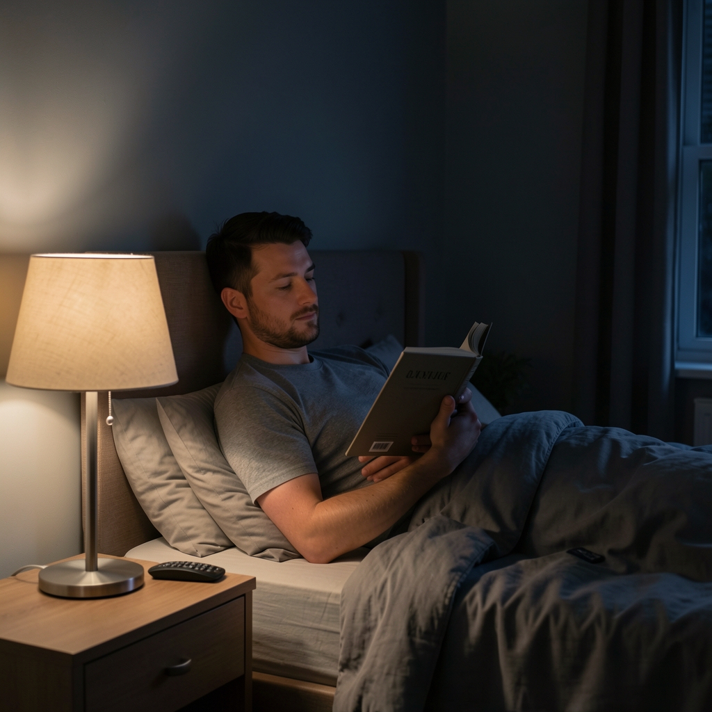 Man reading a book by a bedside lamp in a dark, quiet room at night, representing sleep quality and evening wind-down routine