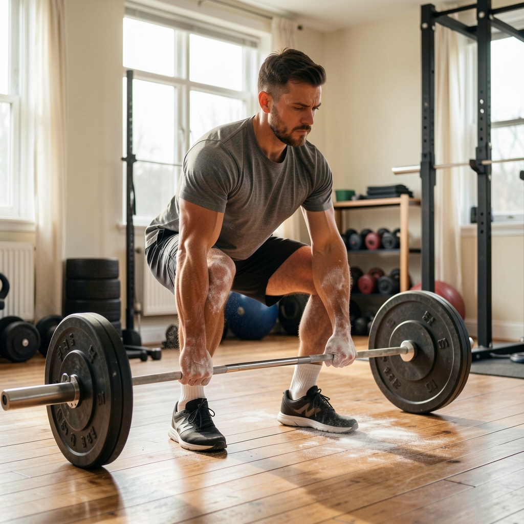 Man performing barbell deadlift in a home gym setting with chalk-dusted hands, wooden floor, focused expression, morning natural light