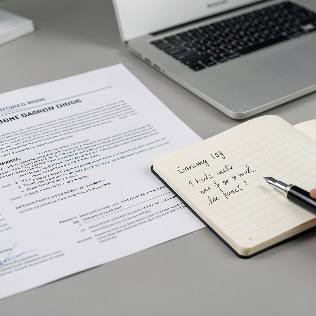 Close-up of printed research documents and a hand-written annotation on a notepad beside a laptop in a clean workspace with controlled lighting