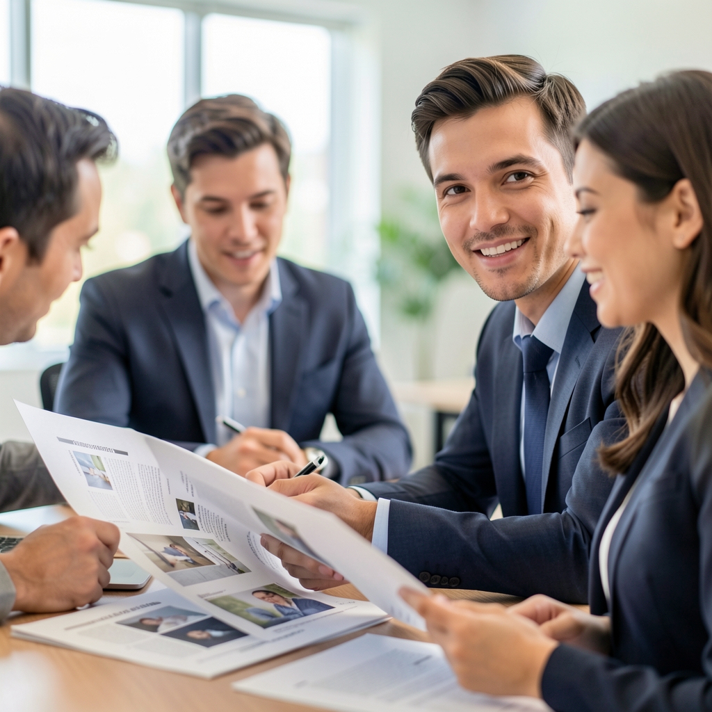 Team meeting in a bright conference area, two men and a woman reviewing printed journal layouts, collaborative professional atmosphere