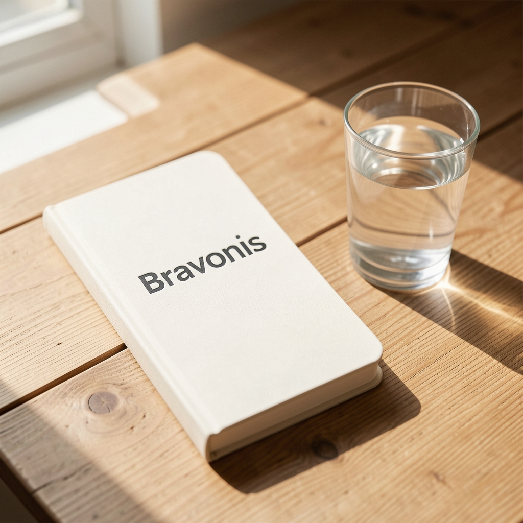 Detail shot of a Bravonis branded notebook and a glass of water on a wooden surface, natural morning light casting soft shadows